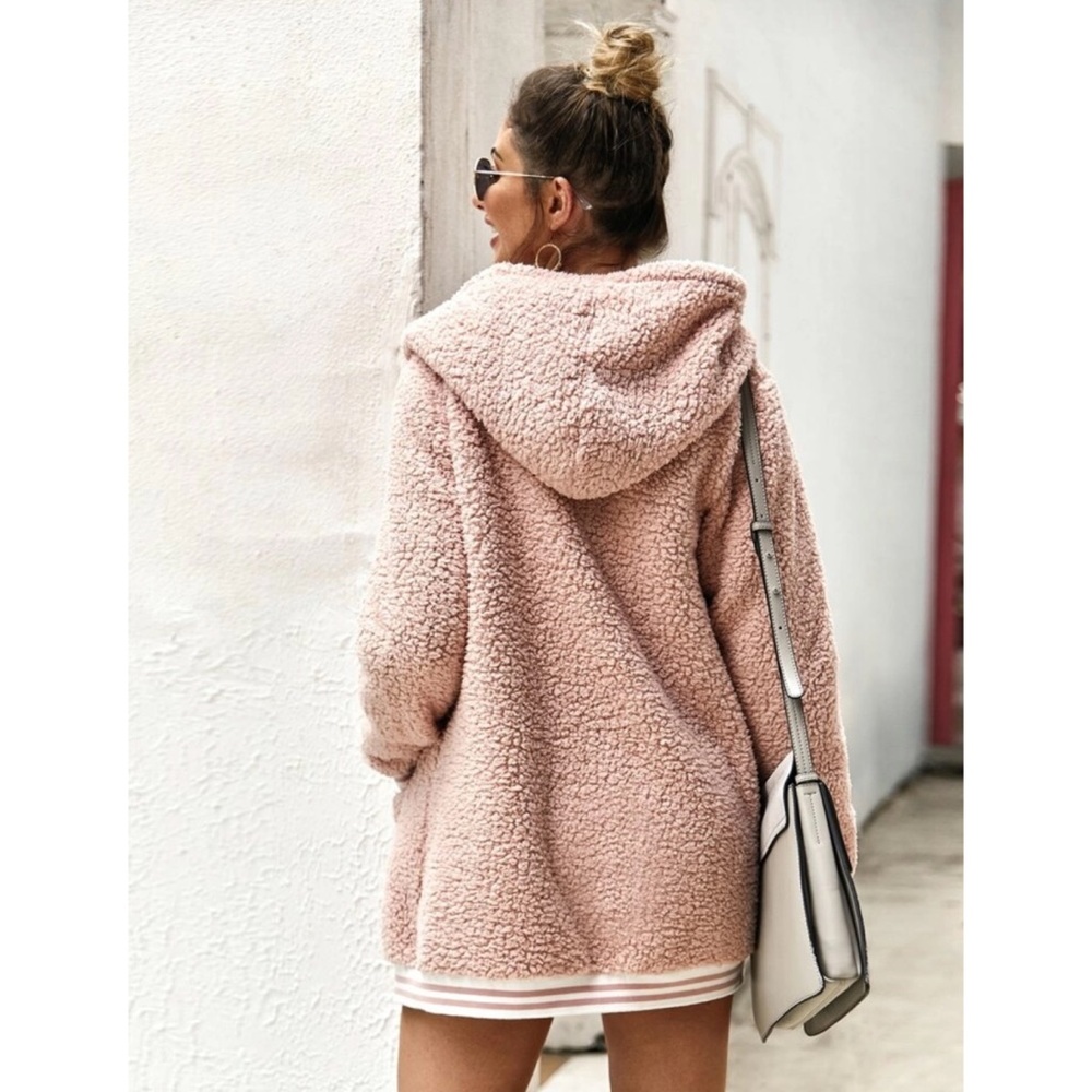 Pink teddy coat jacket stripe hooded - Picture 2 of 3